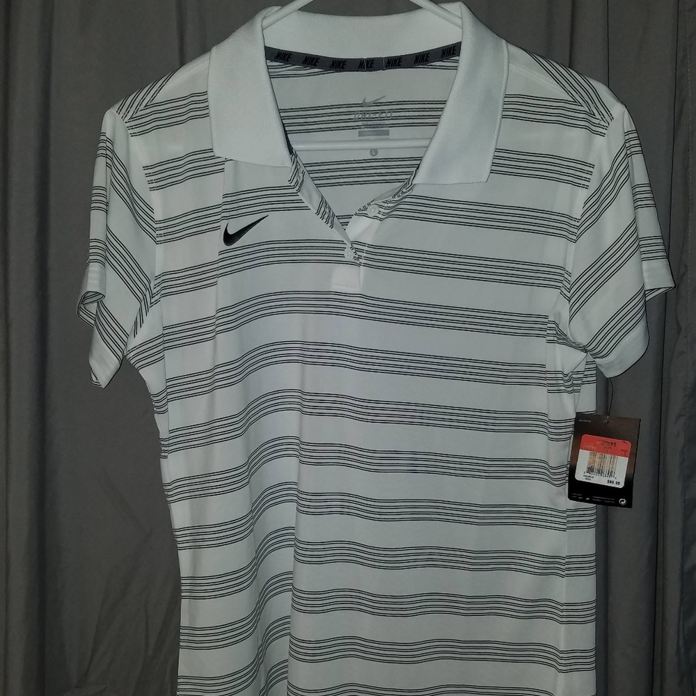 NIke Dri Fit Black & White Striped Golf Polo L